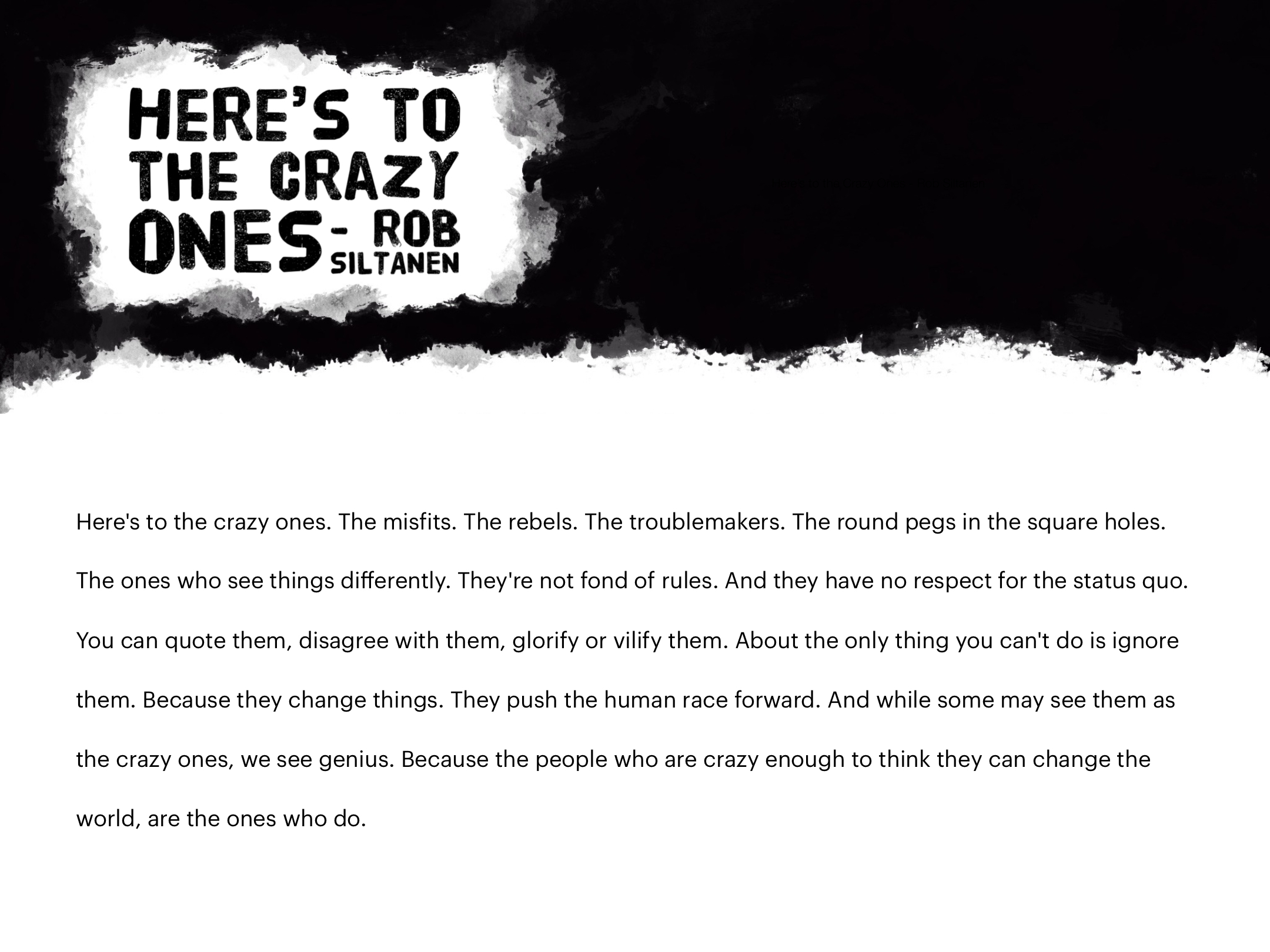 Screenshot from Blackout Recording, showing example text “Here’s to the Crazy Ones” by Rob Siltanen.