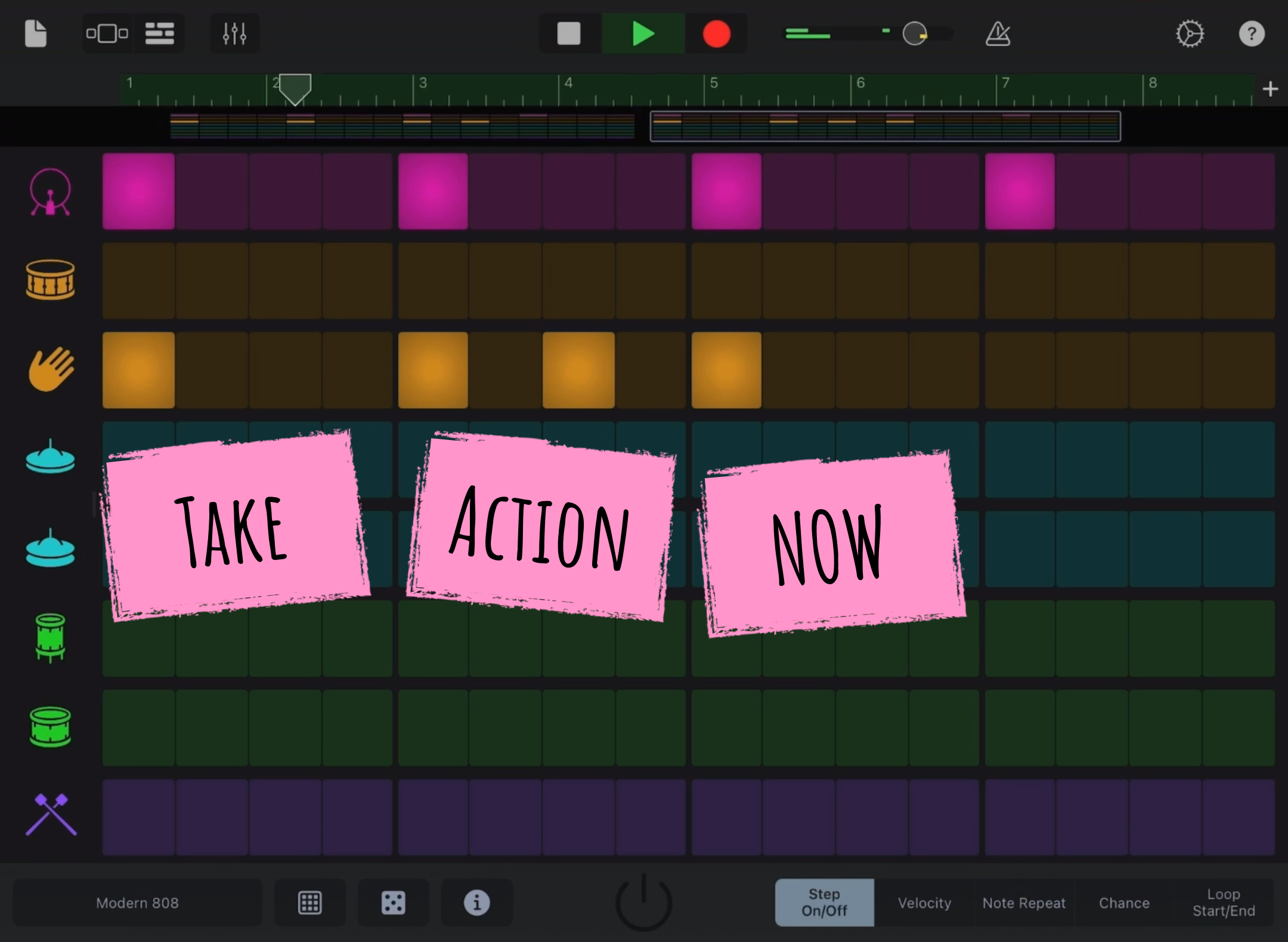 GarageBand screenshot with a rhythm created with the Beat Sequencer. Overlaid text reads ‘Take Action Now’ to match this.