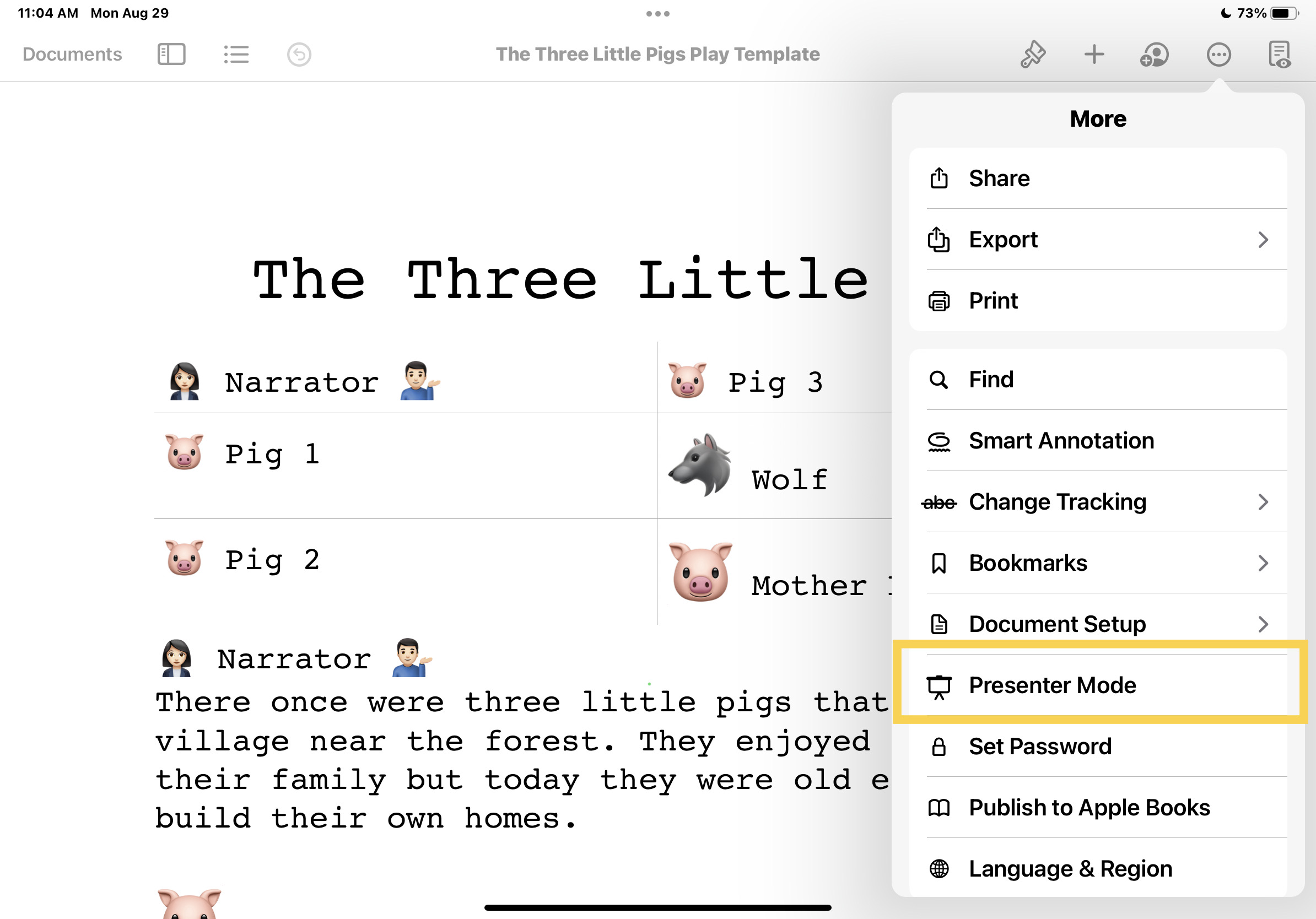 Photo of an adapted version of theThree Little Pigs play with the presenter mode option highlighted. 