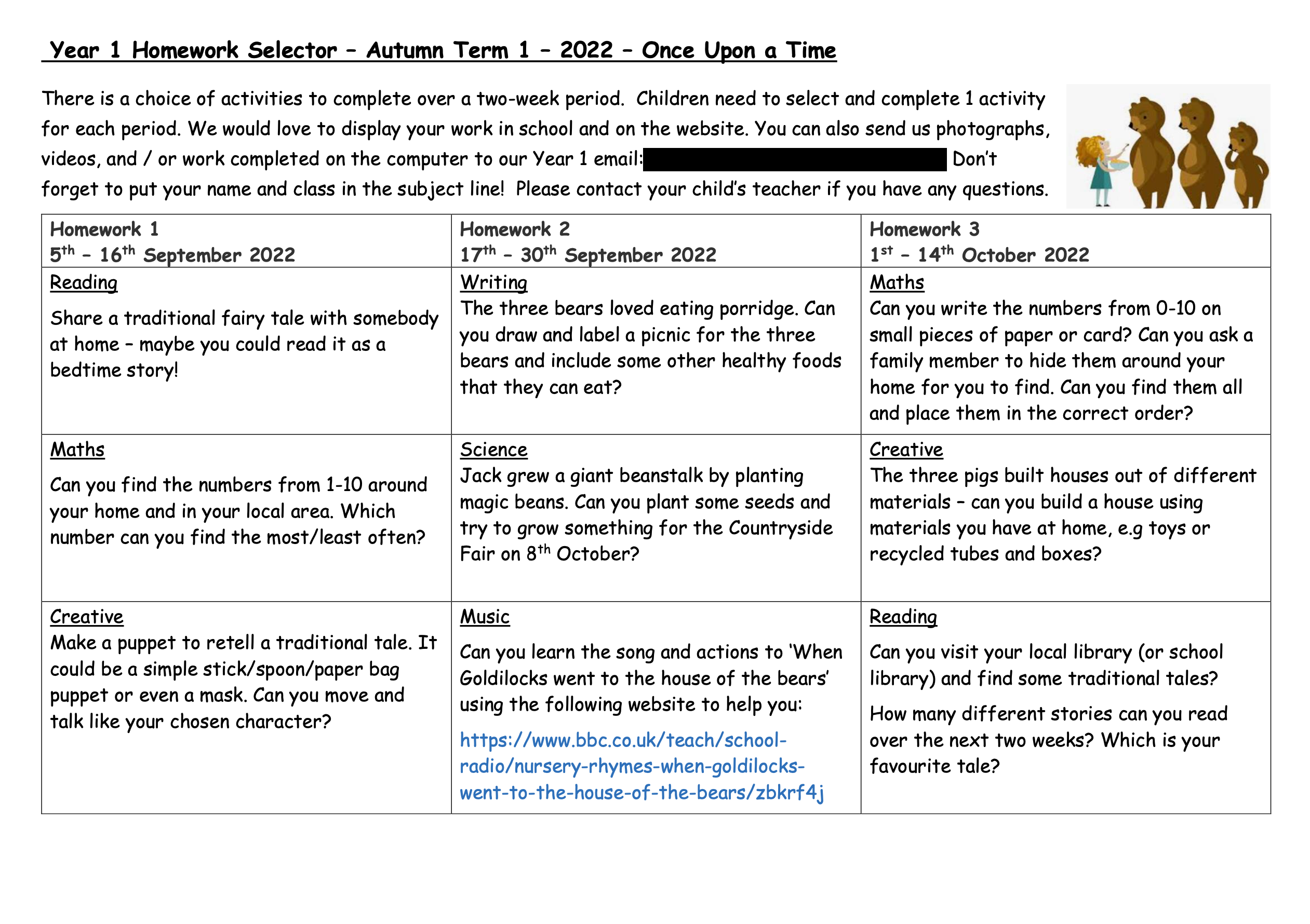 Homework sheet for Year 1 showing a range of tasks by week.