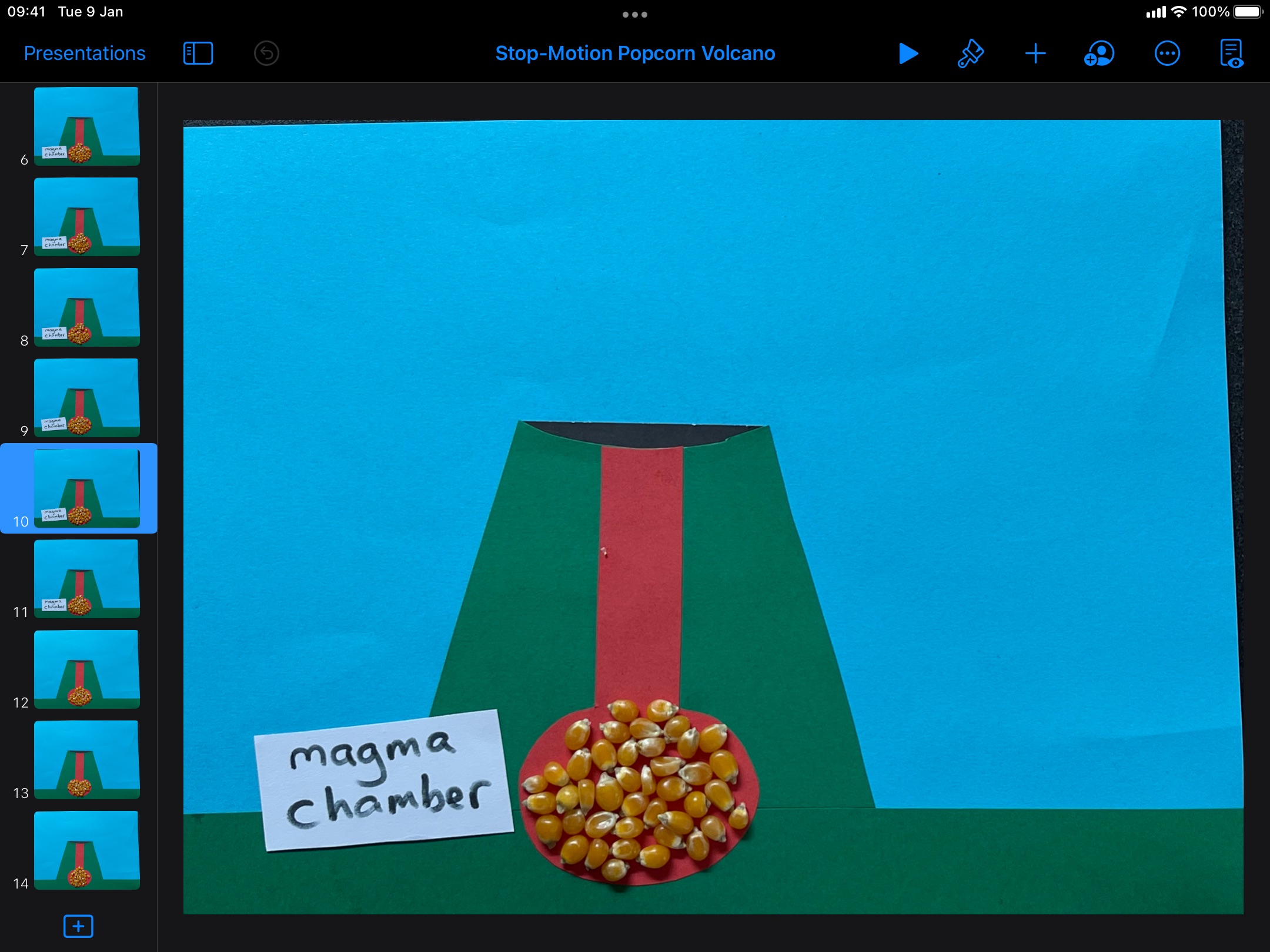 Screenshot of a Keynote document showing a slide with a volcano, made from paper, and a label reading ‘magma chamber’