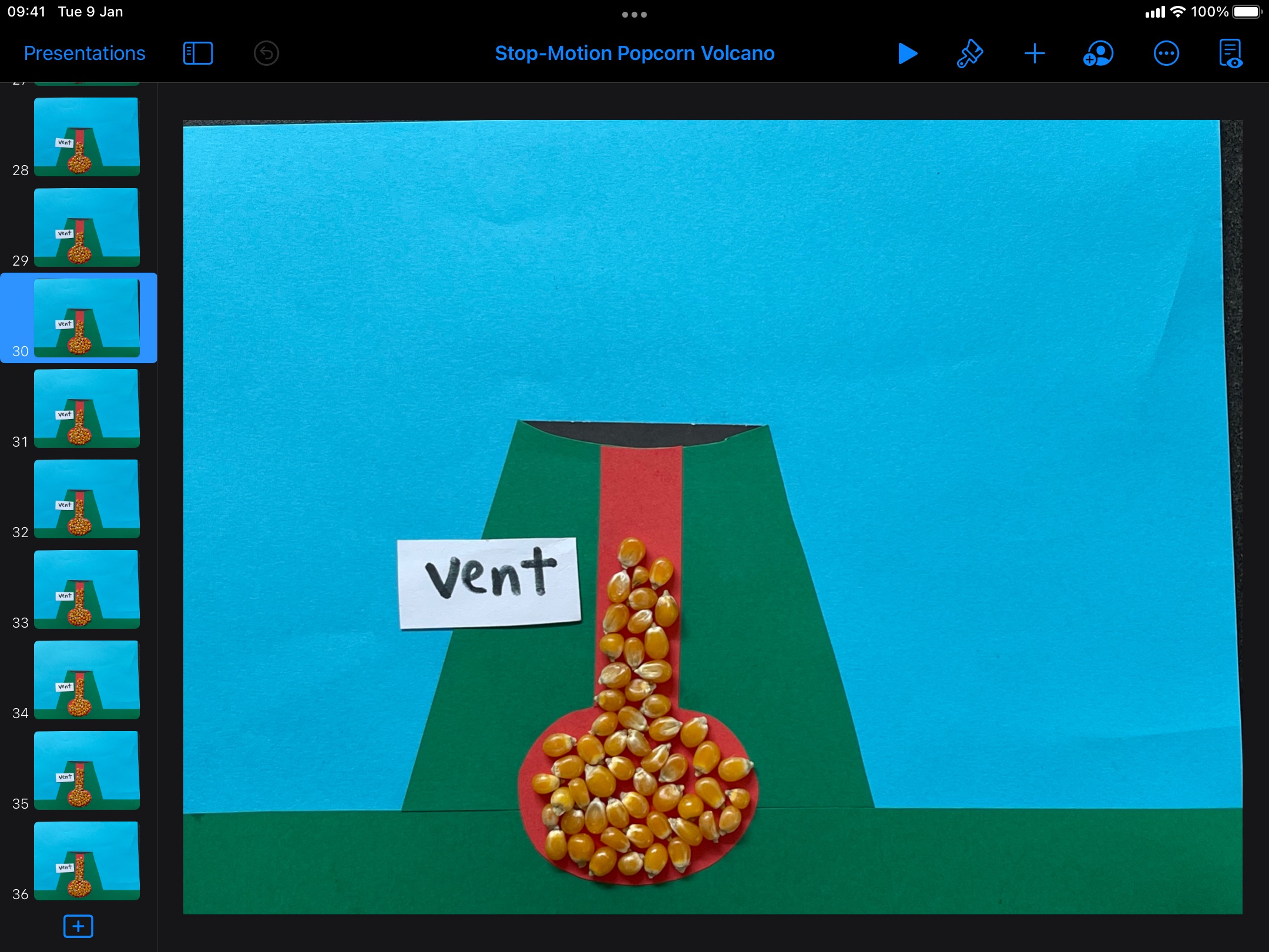 Screenshot of a Keynote document showing a slide with a volcano, made from paper, and a label reading ‘vent’. 