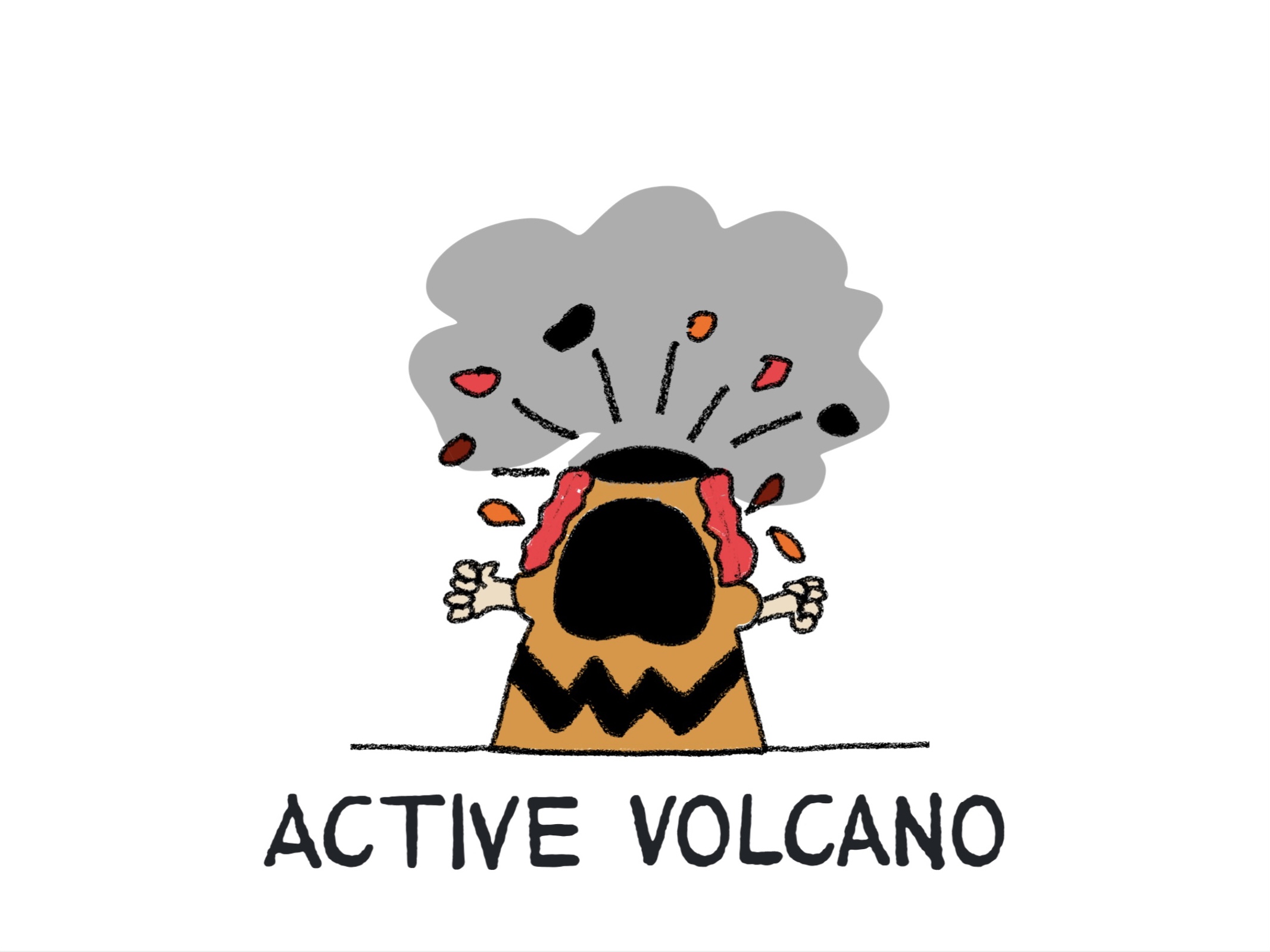 A cartoon active volcano, drawn in the style of the Peanuts TV show with Apple Pencil on iPad.