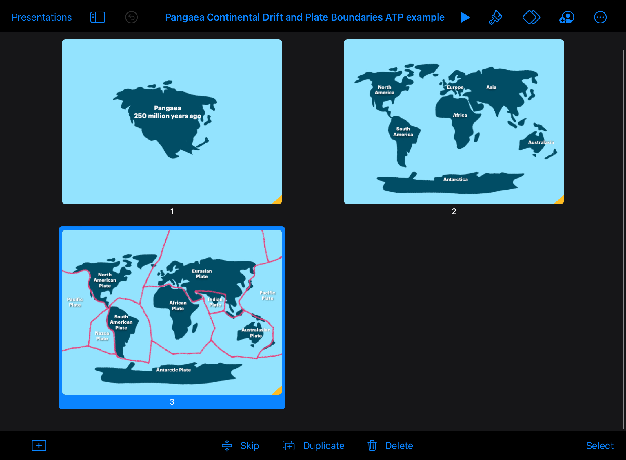 Screenshot of three Keynote slides showing Pangaea on slide 1, and the continents as we know them today on slides 2 and 3.