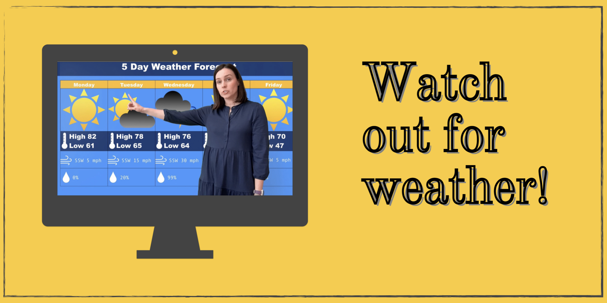 A woman stands in front of a weather forecast. The text reads, "Watch out for weather!"