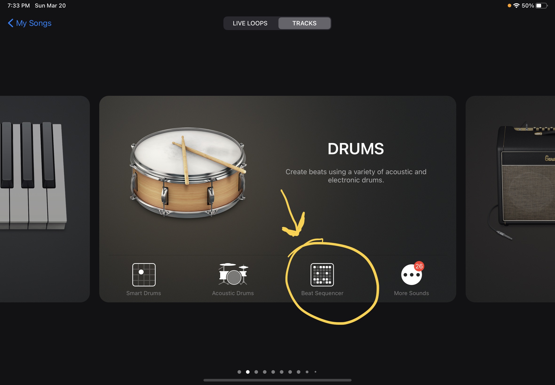 Image of GarageBand instrument selection section.  Selection of drums and beat sequencer.