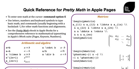 Image is of the top half of the first page of the Quick Reference for Pretty Math resource, showing the One Best Thing badge.