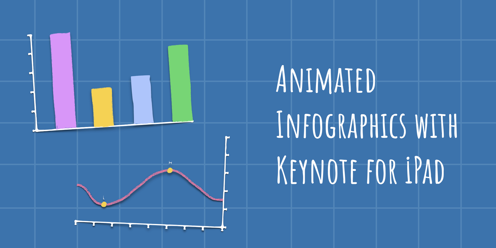 Two hand-drawn graphs on a blue background beside text that reads ‘Animated Infographics with Keynote for iPad’.