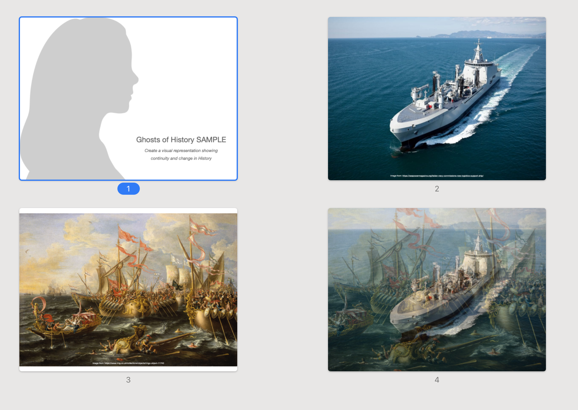 Image of four slides showing original images as well as a merged image of the Battle of Actium.