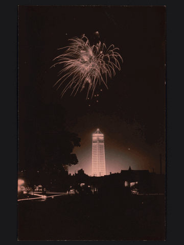 Foshay Tower dedication fireworks as seen from the parade, more than a mile away - Library of Congress