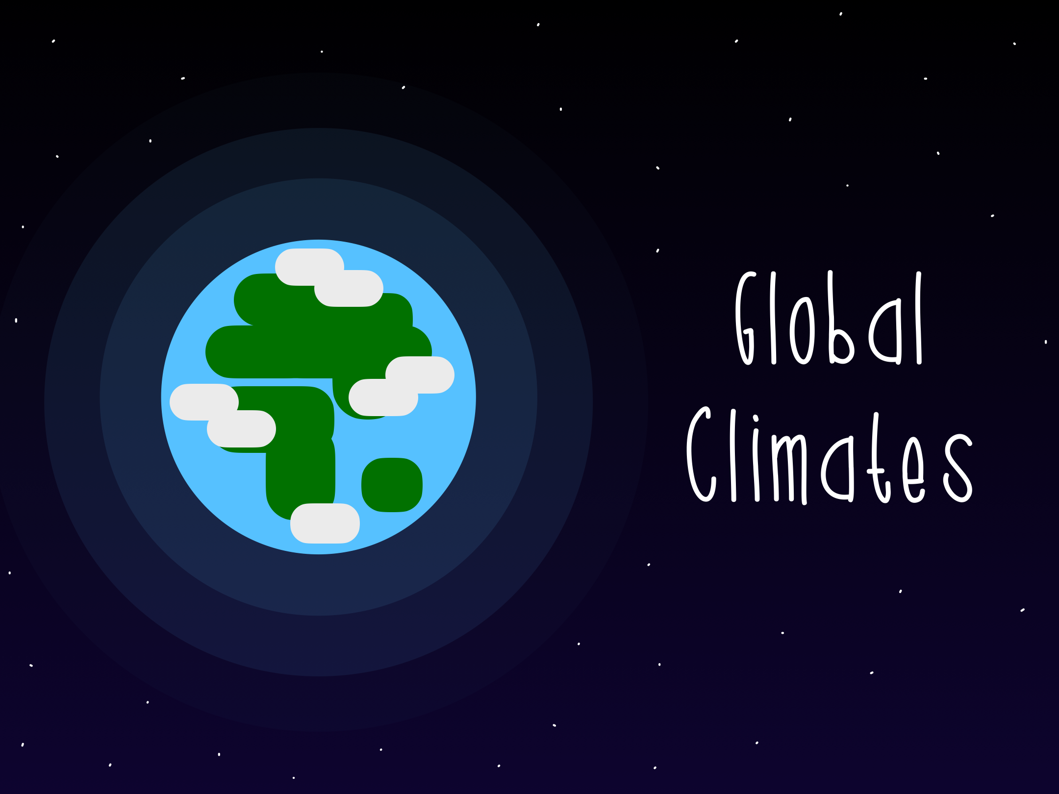 Stylised cartoon-like Earth, left of centre, against a dark blue space background. Text on right reads ‘Global Climates’.