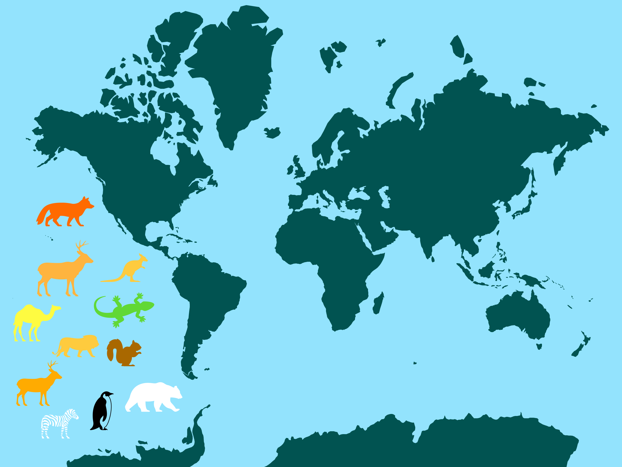 Map of Earth. Shapes of animals in various colours (not to scale) on the left hand-side. 