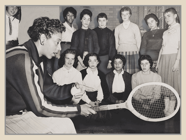 Postcard of Althea Gibson talking to students