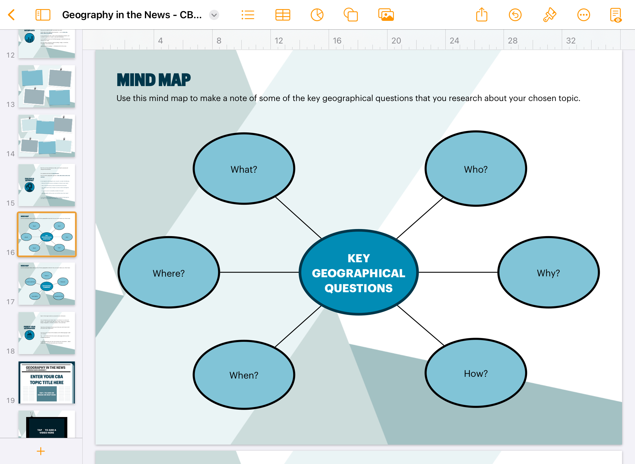 Screenshot from ‘Geography in the News’ Pages journal showing a blank mind map page, focussed on key geographical questions.
