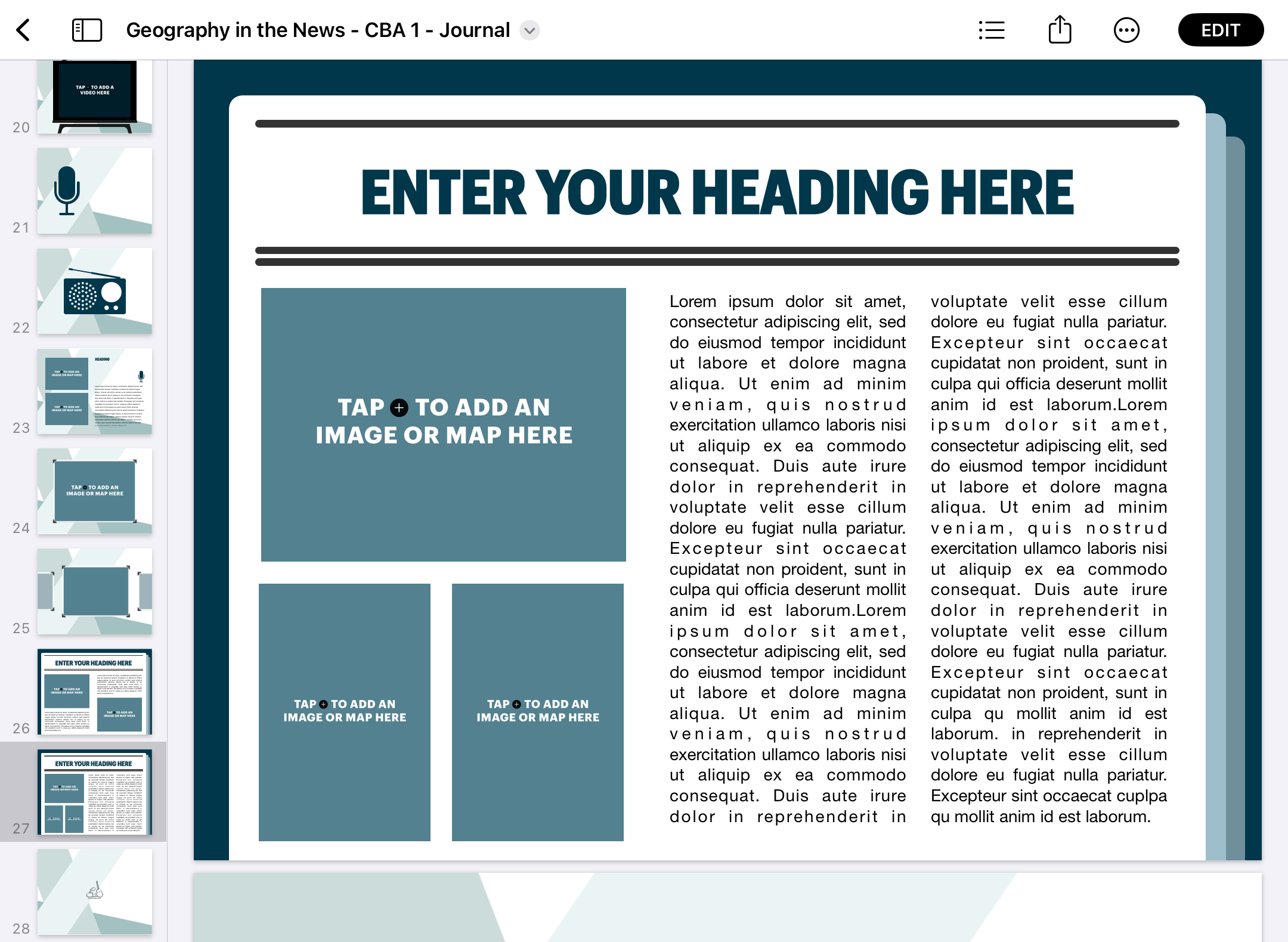 Screenshot from ‘Geography in the News’ Pages Journal of a newspaper-style template page for students to add text and images.