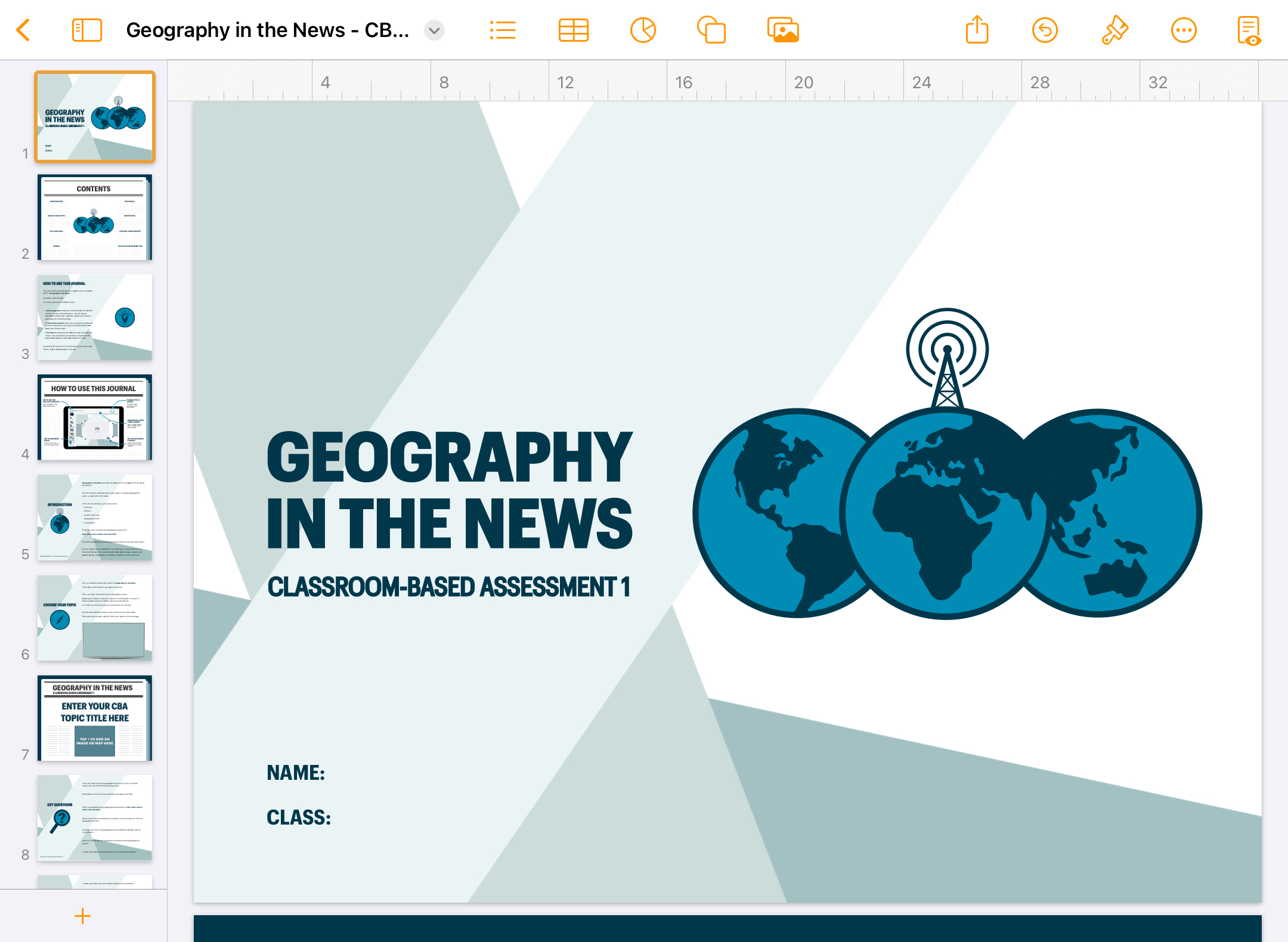 Cover page of ‘Geography in the News’ Pages journal, with title text and a globe image.