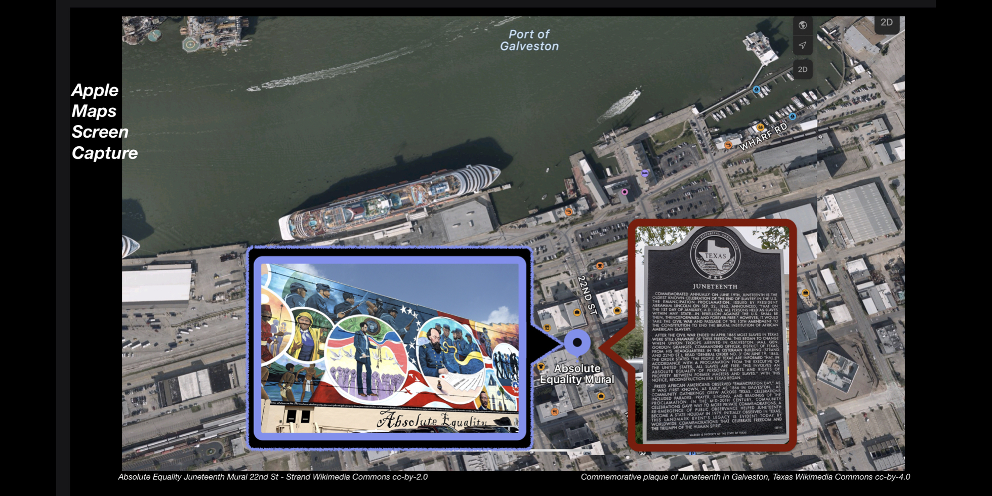 Apple Maps screen shot of location of announcement of the Emancipation Proclamation in Galveston Texas.