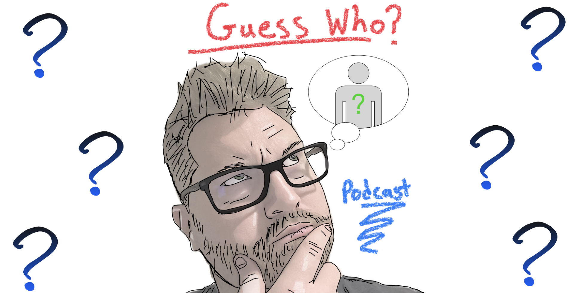 Image of a person looking up pensively with the words “Guess Who Podcast” and a thought bubble with an unknown figure inside.